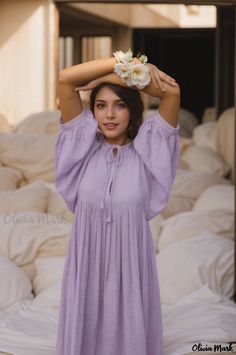 Olivia Mark - Chic and Comfortable Relaxed Long Lantern Sleeve Casual Dress with a Sweet Touch Casual Summer Peasant Dress, Mini Length, Casual Summer Peasant Dress Mini Length, Casual Mini Length Peasant Dress For Summer, Casual Mini Length Peasant Dress For Spring, Purple Relaxed Fit Dress For Spring, Casual Mini-length Peasant Dress, Purple Loose Fit Dress For Spring, Casual V-neck Peasant Dress For Spring, Lavender Knee-length Mini Dress For Summer