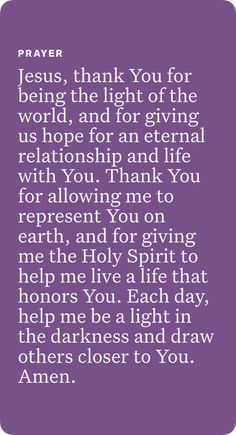 a purple background with the words prayer for jesus, thank you for being the light of the world and for giving us hope