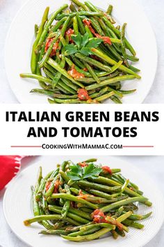 green beans and tomatoes on a white plate with the words italian green beans and tomatoes