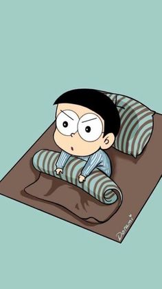 a cartoon boy laying on top of a pillow with his eyes closed and one eye open