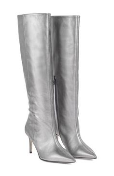 Give your look a glam finish with this Italian-crafted knee-high boot in a scene-stealing metallic finish. Inset side-zip closure Leather upper/synthetic and leather lining/synthetic sole Made in Italy This brand is certified with the Butterfly Mark, which identifies luxury brands that adhere to social and environmental best practices This brand meets Nordstrom Responsible Brands criteria: brand adheres to responsible social and environmental practices Elegant Silver Knee-high Boots, Silver Knee-high Boots For Night Out, Glamorous Metallic Knee-high Boots, Silver Leather Knee-high Boots, Silver Knee-high Evening Boots, Fitted Silver Glamorous Knee-high Boots, Silver Fitted Knee-high Boots, Glamorous Silver Knee-high Boots, Metallic Leather Boots For Night Out