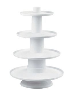 three tiered cake stand in white plastic on a white background with clippings