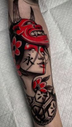 Neo Japanese Tattoo, Tato Geisha, Neo Japanese, Geisha Tattoo Design, Oni Tattoo, Hannya Mask Tattoo, Samurai Tattoo Design, Geisha Tattoo, Chinese Tattoo