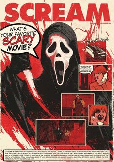 the scream movie poster is shown in red and black