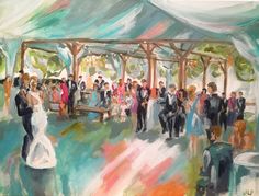 a painting of a wedding party under a tent