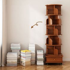 a book shelf next to stacks of books on the floor