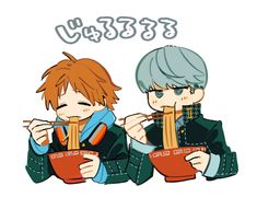 two anime boys with chopsticks in their hands