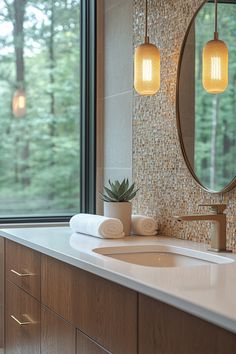 a bathroom sink with two lights hanging above it