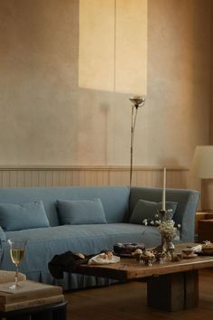 Blue And Cream Interior Design, Blue Accent Color Living Room, Blue Sofa Neutral Living Room, Sky Blue Sofa Living Room, Hyltarp Sofa, Blue Theme Living Room, Light Blue Velvet Sofa, Blue Aesthetic Home, Light Blue Couch