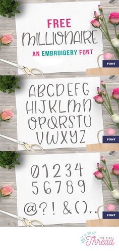 three different font styles with flowers on the table next to each other and one has a flower