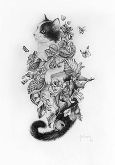 a black and white drawing of a cat surrounded by flowers