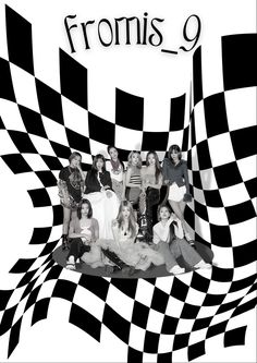 a group of people that are standing in front of a black and white checkered background