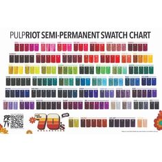 Pulp Riot Semi Permanent Hair color - All Shades 4 fl.oz / 118ml Semi-permanent, direct-dye color that allows you to create color masterpieces. Pulp Riot is the the first vibrant hair color that is also vegan, gluten-free & cruelty free! Pulp Riot is easy to use and requires no developer. The future of hair looks more colorful than ever with Pulp Riot. Key ingredients such as quinoa help protect, strengthen, repair and moisturize the hair. Does not contain ammonia, PPD, MEA or parabens. Pulp Rio Pulp Riot Hair Color Swatches, Hair Knowledge, Unicorn Hair Dye, Hair Color Swatches, Vibrant Hair Color, Wild Hair Color, Red Names, Pulp Riot Hair Color, Color Formulas