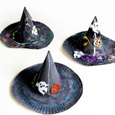 paper plate witch hats with halloween decorations on them and text overlay that reads, paper plate witch hats