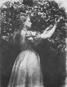 an old black and white photo of a woman holding something in her hand while standing next to a bush