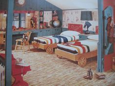 an image of a bedroom with two beds and toys on the floor in front of it