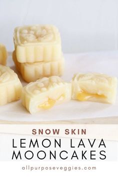 snow skin lemon lavaa mooncakes on a cutting board with text overlay