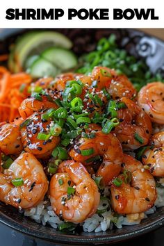 shrimp poke bowl with rice, carrots and scallions in it on a black plate