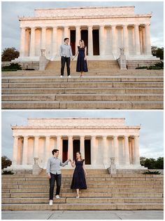 two people standing on steps in front of a building with columns and pillars, holding hands