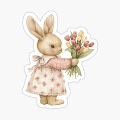 a watercolor painting of a bunny with flowers in her hand and wearing a dress