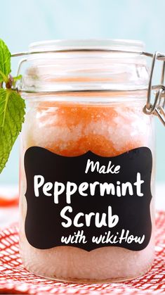 make peppermint scrub with witch - how recipe in a glass jar on a red and white checkered cloth