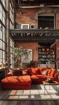 a living room filled with lots of furniture next to tall windows on the side of a building