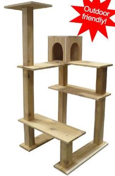 the cat tree is made out of wood and has three shelves for cats to sit on