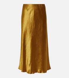 Leisure Alessio Satin Midi Skirt in Yellow - Max Mara | Mytheresa Midi Skirts Style, Satin Midi Skirt, Gold Satin, Everyday Essentials, Max Mara, Silk Blouse, Skirt Fashion, Designing Women, Elegant Design