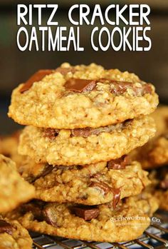 three oatmeal cookies stacked on top of each other with text overlay