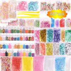 the package is full of different colors and sizes of sprinkles in bags