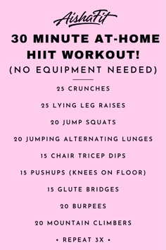 the 30 minute at - home workout for women is shown in black and white on a pink