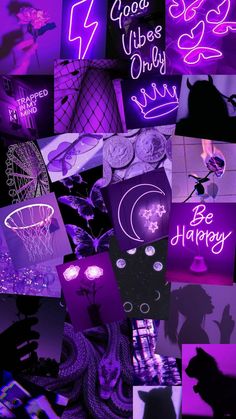 a collage of purple images with the words good vibes only be happy on them