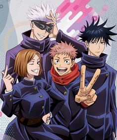 three anime characters posing for the camera with their fingers in the shape of peace signs