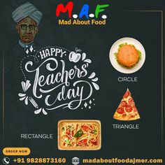 an advertisement for mad about food with different foods on it