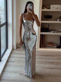 Silver maxi dress | Mabel Love Co Silver Maxi Dress, Backless Bodycon Dresses, Backless Prom Dresses, Square Neck Dress, Bodycon Maxi Dresses, Backless Maxi Dresses, Sling Dress, Summer Party Dress, Evening Party Dress