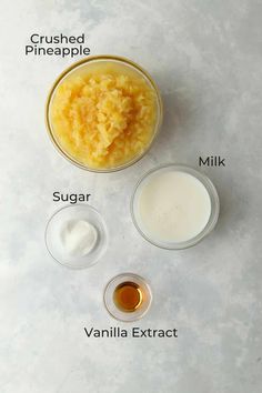 ingredients to make pineapple pudding on a white background with text overlay that reads, how to make pineapple pudding