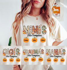 "🍂✨The \"Fall Mimi's Little Pumpkins\" shirt is a delightful expression of seasonal joy and familial love. Made from soft, comfortable fabric, it embraces the warm hues and cozy vibes of autumn. The design showcases an adorable illustration of Mimi, Grandma, Nana and Gigi, affectionately known as grandma, surrounded by a group of cute pumpkins.  ✨UNISEX COMFORT COLORS C1717 SHORT SLEEVE TEE✨ ➡️Features: * Unisex sizing. * 100% ring-spun cotton * Relaxed fit * Sewn-in twill label * Medium fabric (6.1 oz/yd² (206.8 g/m Want the trendy oversized dress look? Order 2 sizes larger than your usual size. 📏👚Easy measuring tip: Take your favorite shirt, lay it on a flat surface and measure the width (armpit to armpit) and length (top to bottom) and compare with your favorite shirt. ✨For sizing, c Cute Name Print Tops For Fall, Cute Tops With Name Print For Fall, Graphic Print Tops For Birthday In Fall, Fall Birthday Crew Neck Tops, Fall Crew Neck Birthday T-shirt, Crew Neck Birthday T-shirt For Fall, Casual Tops For Fall Birthday, Fall Birthday Tops With Name Print, Cute Fall Birthday Tops