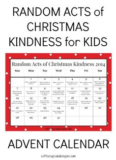 the random acts of christmas kindness calendar for kids, with red and white polka dots