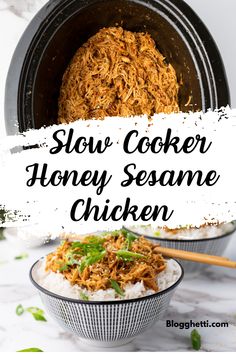 slow cooker honey sesame chicken in a crock pot with text overlay that reads slow cooker honey sesame chicken