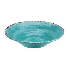 a blue bowl with brown trim on the rim and bottom, sitting in front of a white background