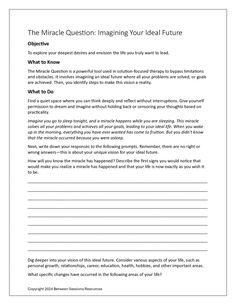 The Miracle Question is a powerful tool used in Solution-Focused therapy to bypass limitations and obstacles. It involves imagining an ideal future where all your problems are solved and your goals are achieved. Then, you identify the steps to make this vision a reality. This worksheet introduces the concept of the Miracle Question as it pertains to personal growth, relationships, career, health, and well-being. (0324. solution-focused, SFBT) 5 Pages. Reality Therapy Worksheets, Miracle Question, Reality Therapy, Solution Focused Therapy, Think Deeply, Therapy Worksheets, Therapy Tools, Deck Of Cards, Counseling