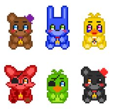 six pixel art animals in different colors and sizes