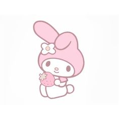 a pink hello kitty holding a cupcake in her right hand and wearing a bow