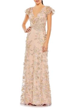 Mac Duggal Embroidered Floral Appliqué Flutter Sleeve Gown | Nordstrom Bride And Groom Dress, Mother Bride Dress, Rose Gold Bride, Unique Party Dresses, Empire Waist Gown, Cap Sleeve Gown, Dreamy Gowns, Flare Gown, Sheath Gown