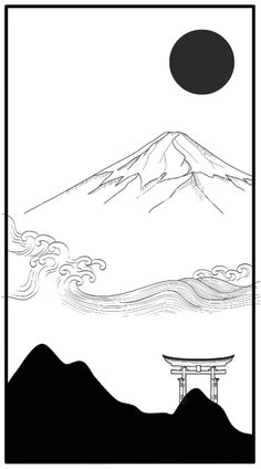 a black and white drawing of a mountain with a pagoda in the foreground under a full moon