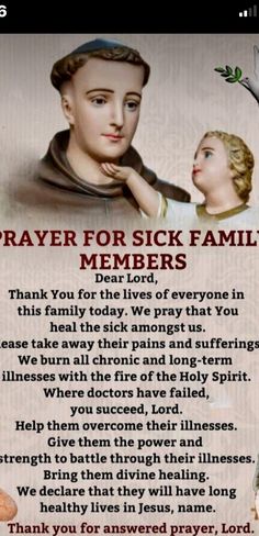 a prayer for sick family members with an image of a woman holding a bird in her hand