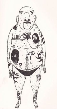 a black and white drawing of a large person