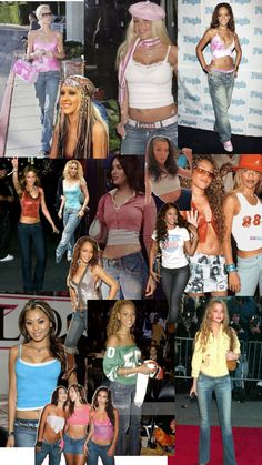 several pictures of women in different outfits and hair styles, including one woman with her hands on her hips