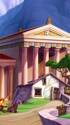 an animated image of a building with columns and trees in front of it, surrounded by mountains