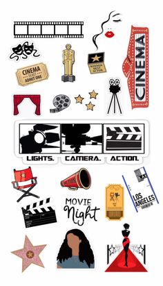 an assortment of movie related stickers on a white background with the words cinema written below them